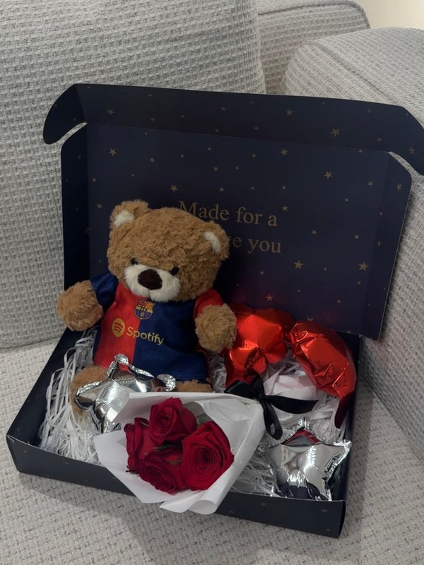 Barcelona teddy bear + balloons + flowers
