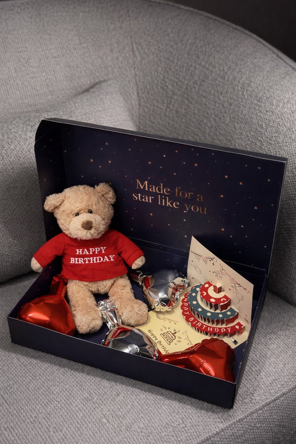 Birthday teddy bear + card + balloons
