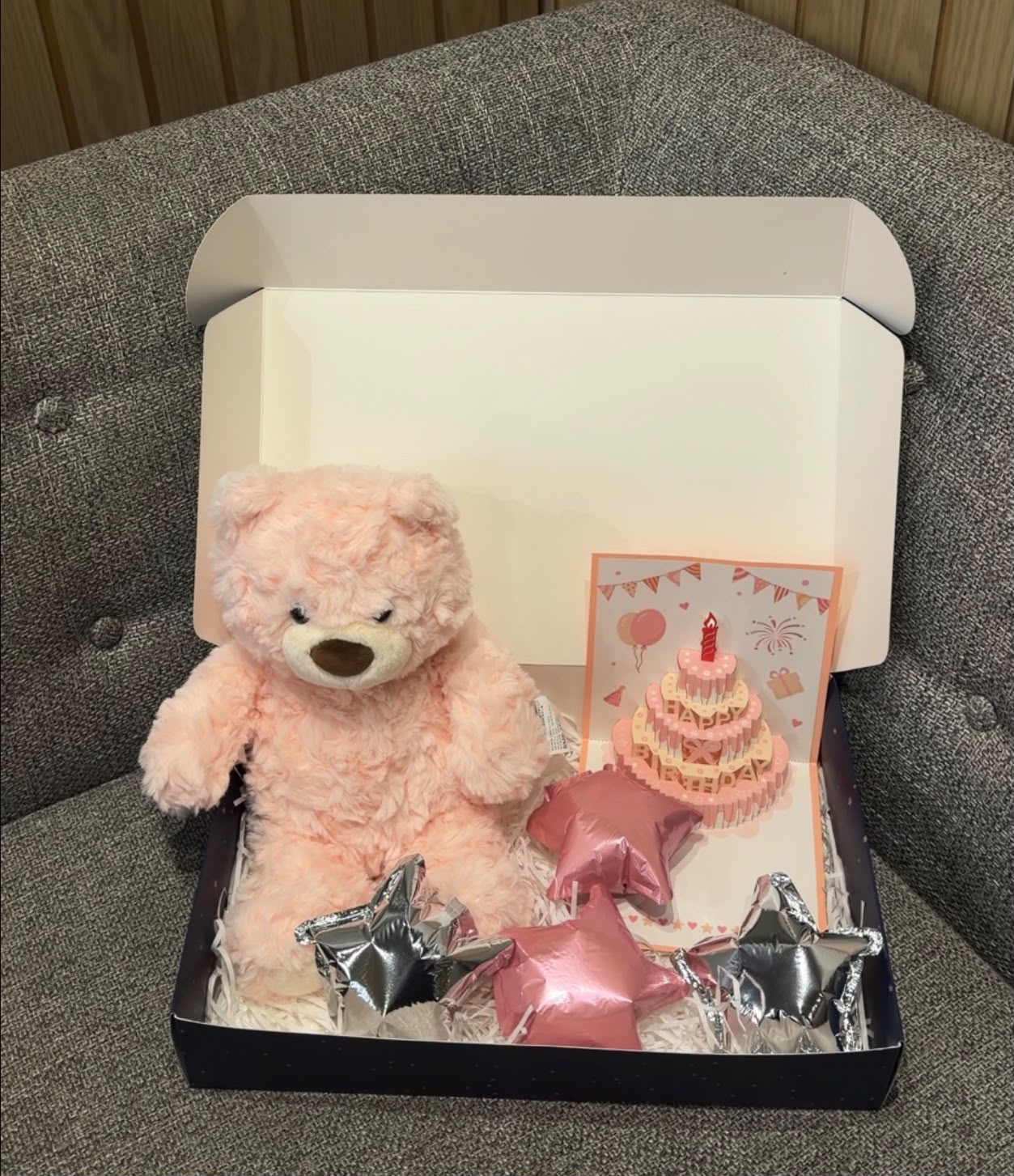 Pink teddy bear + balloons + 3D card