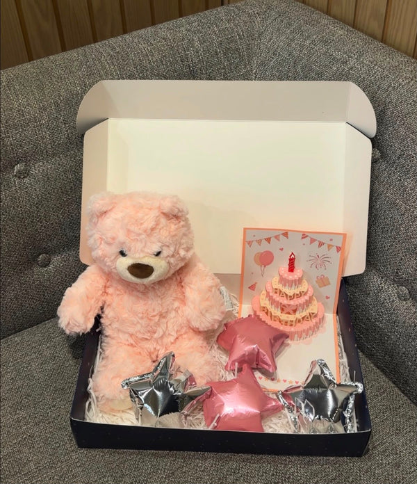 Pink teddy bear + balloons + 3D card