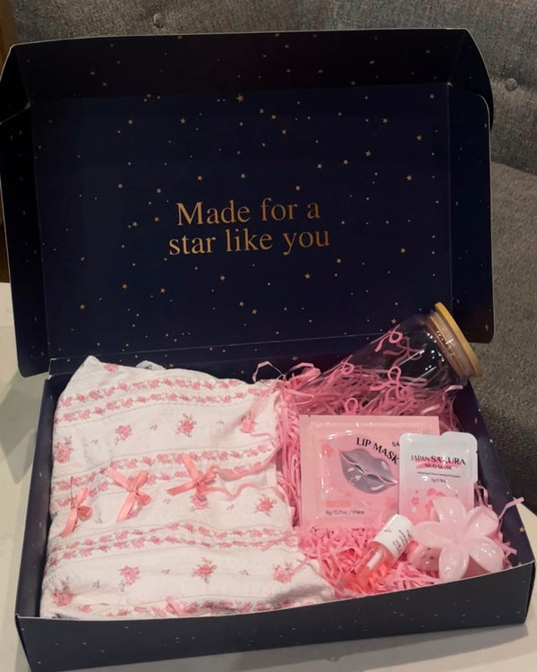 Pink pajamas + lip gloss + face mask + hair clip + mug