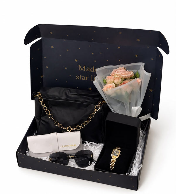 Watch + glasses + bag + flowers