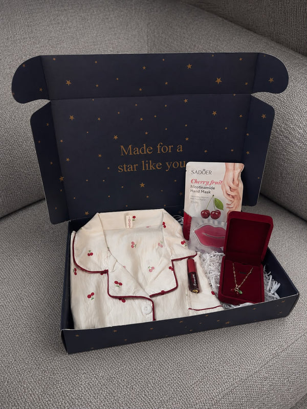 Cherry pajamas + lip gloss + necklace + face and lip mask