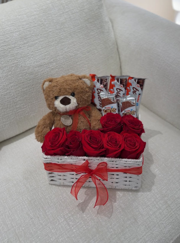 Basket + Flowers + Teddy Bear + Kinder