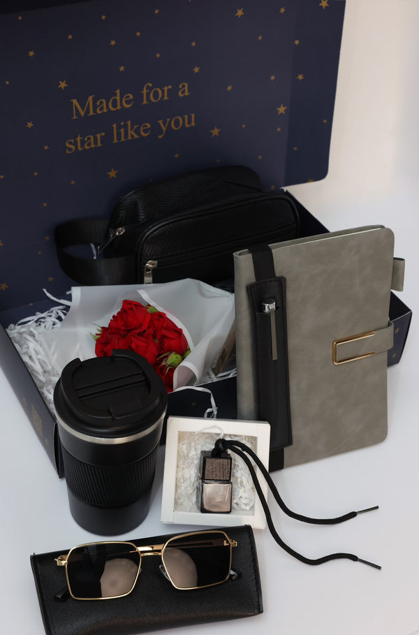 Mug + notebook + pen + bottle + flowers + diffuser + potter